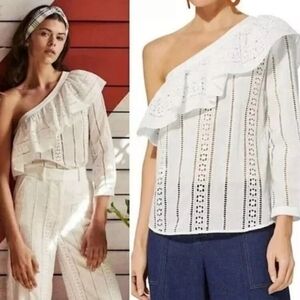 Veronica Beard “Cruz” White One Shoulder Eyelet Blouse Top - Sz 2
